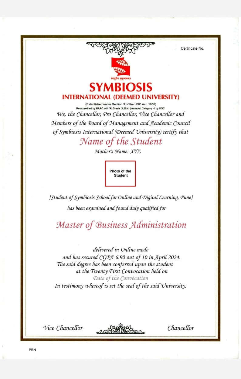 Symbiosis MBA Degree Certificate Sample